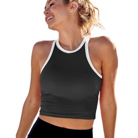 AngiMelo Womens Sports Bra Workout Crop Top Padded Yoga Gym Tank Sleeveless Running Shirts Racerback, Black and White Sports Bra, Large