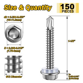 Mywish 150pcs #12×1-1/2" Self Tapping Screws for Metal, 410 Stainless Steel, Hex Washer Head Self Drilling Screws, High-Strength Quick Tapping TEK Screws, Corrosion Resistant