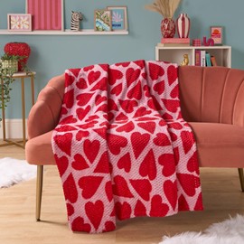 OHS Waffle Hearts Throw Blanket Fleece, Valentines Decorations Throws for Sofa Living Room Bedroom Blanket Soft Comfy Bed Warmer Throws for Winter, 125x150cm - Pink