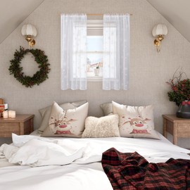 BGment Christmas Sheer Curtains with Snowflake, Short Curtains 40 Inch Length for Bedroom, Light Filtering Xmas Holiday Decorated Semi Sheer Curtains for Small Window Rod Pocket, Each 42 Inch Wide