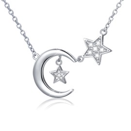 Ladytree S925 Sterling Silver Bling CZ Crescent Moon Star Jewelry Pendant Necklace,Rolo Chain,18+2"