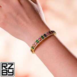 Multi-Coloured Tennis Bangle, 18K Gold Plated, AAA Cubic Zirconia, 56mm Adjustable, with included Gift Pouch