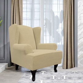 Easy-Going Stretch Wingback Chair Sofa Slipcover 1-Piece Sofa Cover Furniture Protector Couch Soft with Elastic Bottom, Spandex Jacquard Fabric Small Checks(Large,Beige)