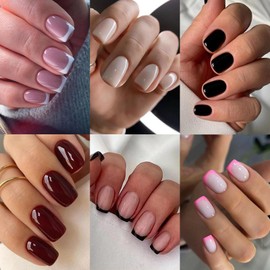 6 Packs (144 Pcs) French Tip Press on Nails - Jsiallye Wine Red/Black/Milky White Solid Color Short Square Press on Nails, Glue on with Nail in 12 Sizes - 24 Fake Nails Kit, Stick on Nails for Women