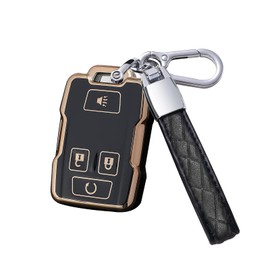 Homaupt for GMC Key Fob Cover with PU Leather Keychain, TPU Key Shell Protector Car Accessories Compatible with Chevy Silverado Colorado/GMC Sierra Canyon 2014 2015 2016 2017 4 Buttons Black