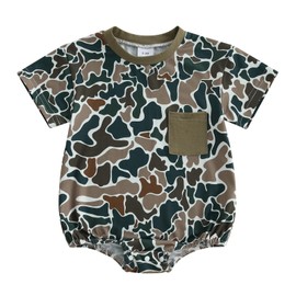 Newborn Baby Boy Camo Onesie Short Sleeve Bubble Romper Camouflage Tshirt Bodysuit Infant Summer Outfit (Green, 12-18 Months)