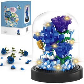 Bloques de Construcción de Flores, Juego de Bloques Rosa Azul, Bloques en Miniatura Con Tapa Expositora Transparente, Para Decoración del Hogar, Navidad, Año Nuevo, Cumpleaños, Regalos (630 Bloques)