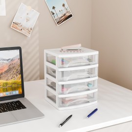 Gonice White Desk 4 Drawer Organizer, Plastic Small Drawer Storage, Desk Storage for Office and Home