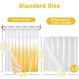 Likiyol Yellow Ombre No Hook Shower Curtain with 2Pcs Snap in Liner, Modern Striped Hotel Shower Curtain and Liner Set, See Through Shower Curtain with Window, Double Layer, Waterproof, Washable