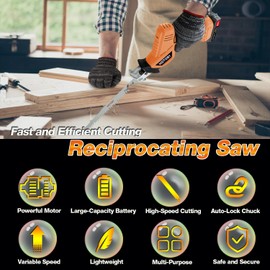 Reciprocating Saw, Cordless, Electric Reciprocating Saw with 2 Batteries, Includeds 8 Blades Kit, Tool-free Blade Change, Variable Speed, Multi-Purpose, For DIY Wood Metal PVC Cutting (Orange)