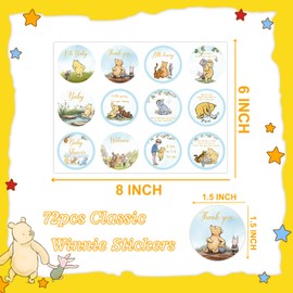 72PCS Winnie Sticker-Winnie Baby Shower Decorations-Pooh Party Baby Shower Decor-Pooh Thank You Sticker Cute Winnie Baby Shower Decorations Birthday Party Decoration Supplies,Blue