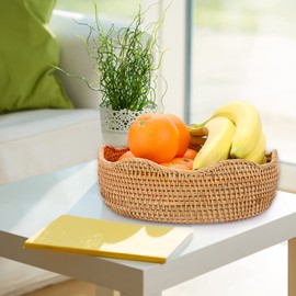 IGNPION Rattan Storage Bowl Woven Fruit Basket Round 26cm Bread Serving Basket Snack Egg Storage Bowls Dinner Table, Desktop Countertop, Decorative Display Storage Baskets
