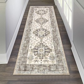 Pauwer Vintage Runner Rug 2x6, Farmhouse Distressed Area Rug, Washable Rug Runner, Non Slip Floor Carpet Runner for Hallways Kitchen Laundry Room Bedroom, Tan Grey