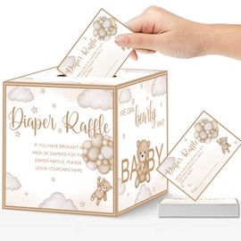 SZSHANN 51 Pcs Bear Diaper Raffle Tickets with Diaper Raffle Card Box for Baby Shower Supplies, Diaper Raffle Sign Brown Bear Themed Insert Card, Advice and Wishes Diaper Raffle Insert Ticket