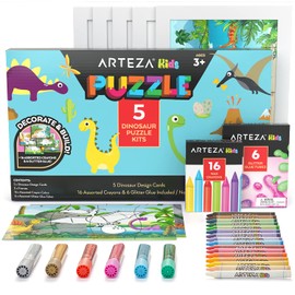 Arteza Kids Coloring Puzzle Kit, 5 Dinosaur Puzzles, 16 Crayons, 6 Tubes of Glitter Glue, 5 Frames, DIY and Screen-Free Kids’ Activities, Craft and Art Supplies for Ages 3 and Up