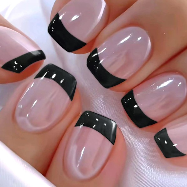 MERVF Square Press on Nails Short Fake Nails Black French