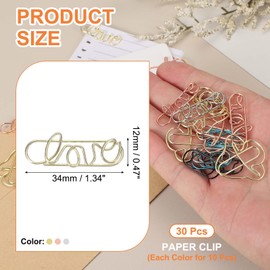 PATIKIL 30pcs Paper Clip, Love Shape Paper Clip Small Cute Rust-Proof Metal Strong Durable Bulk for Office Home Rust-Proof Metal Strong Durable Bulk for Office Home, 34mm, 3 Colors