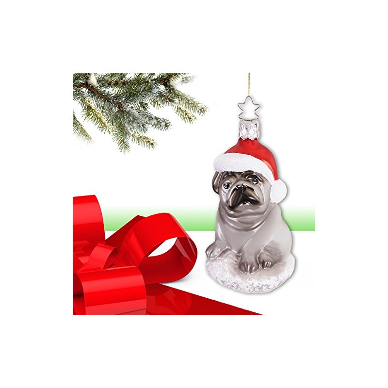 Inge-glas® IG-1-013-16 Christmas Hanger Pug with Santa Hat