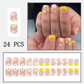 Yellow French Tip Press on Nails with Flower Designs Short Square Fake Nails Spring Daisy Flower Acrylic Nails Glossy Full Cover French Tip Stick on Nails for Women Nails Manicure Decoration 24 Pcs