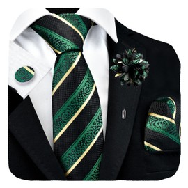 GUSLESON Dark Green Tie for Wedding Mens Silk Black Yellow Striped Necktie Pocket Square Cufflinks and Lapel Pin Brooch Set (6108-38)