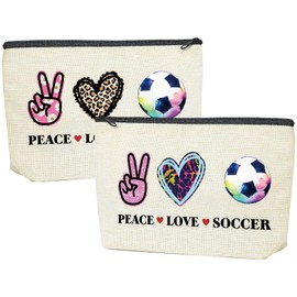 CREATCABIN Tragbare Reise Kosmetiktasche Fußball Make Up Tasche Federmäppchen 18x25cm Polycotton Canvas Kulturbeutel Organizer Mit Reißverschluss Für Geldbörse Reise Zuhause Büro-Peace Love Soccer