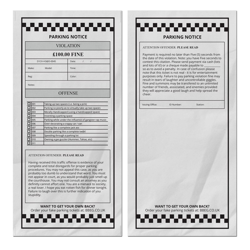 Very Realistic Looking & Hilarious Novelty Fake Parking Ticket -