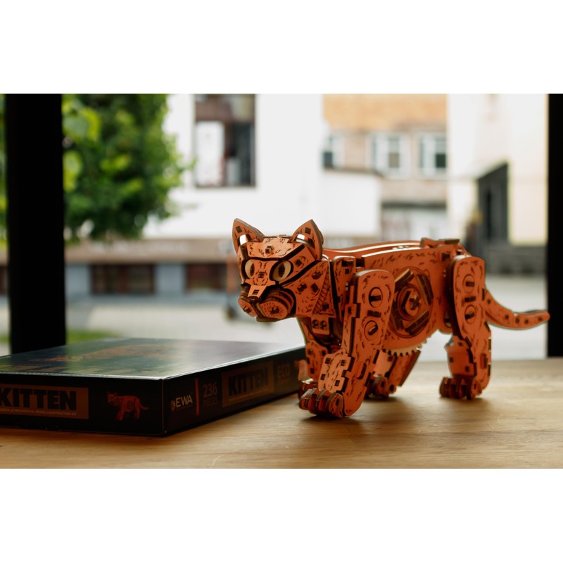 EWA Eco-Wood-Art Ginger Kitten Mechanical Wooden Kit with Spring Motor