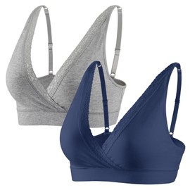 Topwhere Lace Cotton Sleep Bras for Women, Maternity Nursing Bras, Pregnancy Support Bra with Adjustable Straps, Navy Blue+grey, Medium