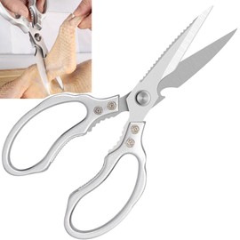 1 x kitchen scissors, household scissors, kitchen scissors, kitchen scissors, all-purpose scissors, made of stainless steel, for chicken, fish, meat, poultry, herb silver, 23 x 9.5 cm, silver