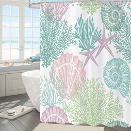 Caheansi Nautical Coastal Shower Curtain, Pink Green Purple Ocean Beach Seashell Starfish Themed Bathroom Curtain Waterproof Fabric Machine Washable with Hooks, 72" Wx72 L