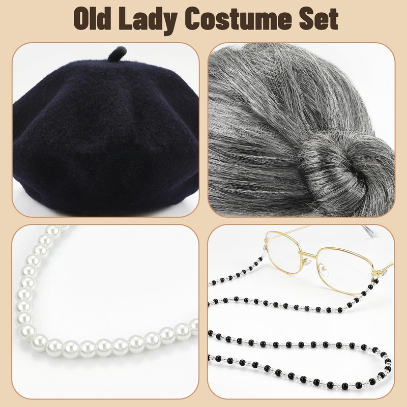 Tiwindx Old Lady Costume Outfit for Women Grandma Granny Wig