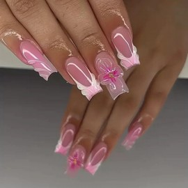 Handmade Press on Nails Medium Square MABKJLF 3D Pink French Tip Fake Nails Flower False Nails with Floral Water Ripple Designs Handmade Nails Glossy Glue on Nails Acrylic Nails for Women Girls 24 Pcs