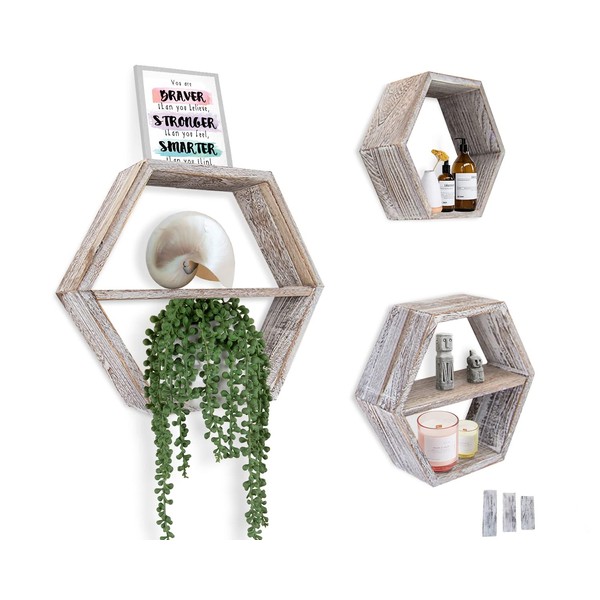 Comfify Rustic Wall Mounted Hexagonal Floating Shelves – Set of