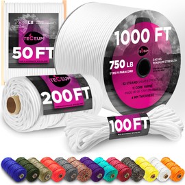 TECEUM Paracord Type IV 750 lb White – 200 ft – 4mm – 100% Nylon Strong Tactical MIL–SPEC Parachute Cord – Survival Rope Emergency para Cord 11 Strands Core EDC Camping Hiking Military Gear