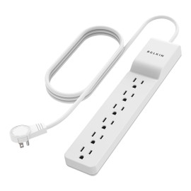 Power Strip, Belkin Surge Protector 6 AC Multiple Outlets, Flat Rotating Plug, 6 ft Long Heavy Duty Extension Cord for Home, Office, Travel, Computer Desktop & Charging Brick, White (1080 Joules)