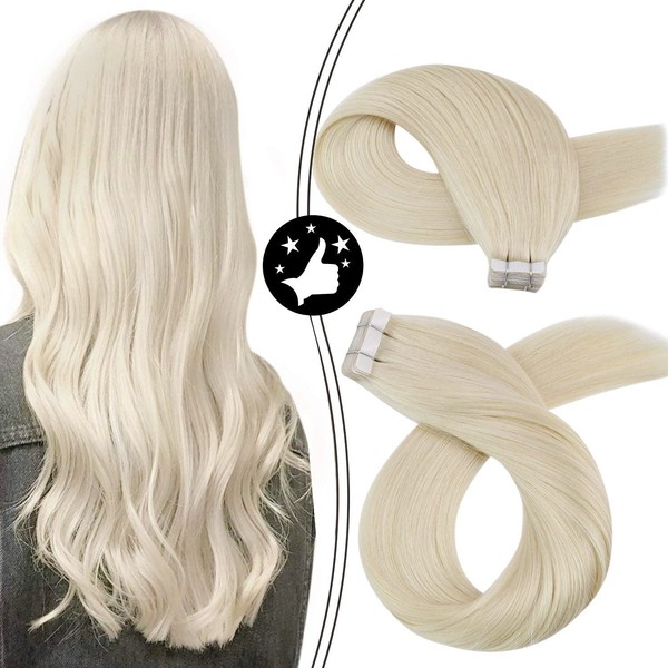Moresoo Blonde Hair Extensions Tape in Hair Extensions Human Hair 14 Inch Glam Seamless Tape Hair Extensions #60 Platinum Blonde Glue in Silky Straight Hair 20pcs Double Sided Tape in Remy Hair 40g