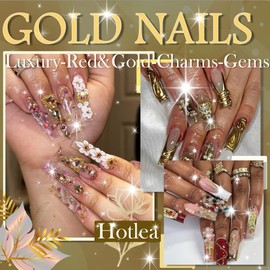 66PCS Gold Nail Charms Bulk Luxury Red and Gold Charms and Gems Metal Cross Heart Rose Crown Star Virgin Mary Christian Nail Charms Jewels for Nail Art Supplies