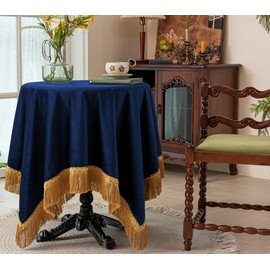 F-CHU Small Square Velvet Tablecloth with Beautiful Gold Tassels Vintage Table Cloth for Home Decor Wedding, Party, Banquet and Events 36x36-Inch，Blue