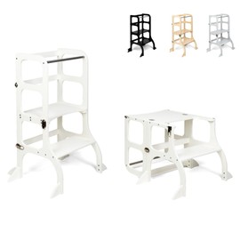 Ette Tete STEP'n'SIT® • Montessori Helper Tower - Table • Convertible Step Stool 2-in-1 with Support Legs (with Silver Clasps, White)