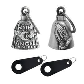 Motorcycle Bells for Bikers Guardian Angel Gremlin Bells for Motorcycle Rider Key Chain for Luck (Never Rider Faster Than Your Angel Can+Praying Hands)