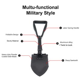 SMT- Medium Size Black Military Style Tri-Fold Shovel Survival Camping Scouting Entrenching Spade [P/N: ET-Shovel002-M-BK]