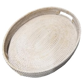 i-lan 17 Inch White Oval Rattan Extra Large Rattan Severing Tray Platter With Handle For Fruit,Breakfast,Drinks,Natural Wicker Woven Serving Basket Ottoman Tray For Coffee Table
