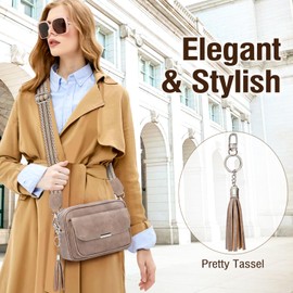 NEWIROVE Crossbody Bag Damen Leder Umhängetasche Damen Mittelgroß Handtasche Schwarz mit Breitem Gurt Verstelbaar Schultertasche Damen Mit Fransen Für den Einkauf Auf Reisen Casual，Aprikose