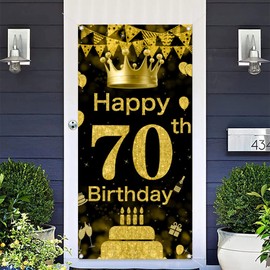 70th Birthday Party Decorative Door Cover, Large Black & Gold Happy 70th Birthday Door Banner Sign, Photo Booth Backdrop Background Banner for 70 Birthday Party Favor and Supplies