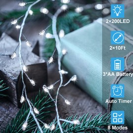 2 Pack Cluster Fairy Lights Battery Powered, Total 20Ft 400 LED Christmas Fairy Lights with Timer 8 Modes Silver Wire Firecracker String Lights for Garlands Tree Wedding Decoration (Cool White)