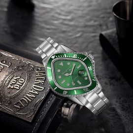 MASTOP Unique Watches for Men Waterproof Stainless Steel Wristwatch with Luminous Quartz Movement Calendar Function and Green Dial Perfect Men's Gift (Silver Green)