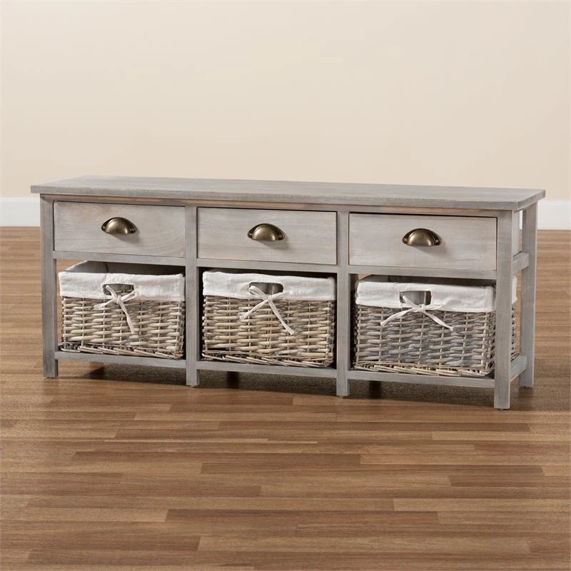 Baxton Studio Mabyn Light Gray Finished Wood 3-Drawer Storage Bench