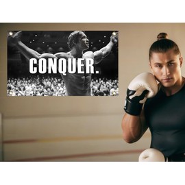 Conquer Flag for Arnold Schwarzenegger 3x5 Feet - Funny Gym Motivation Poster and Fitness with Four Brass Grommets - Durable Man Cave Wall Flag for College Dorm Room Decor for Man and Guys
