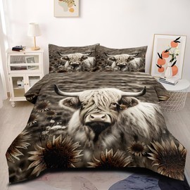 CCoutueChen Highland Comforter Set King Size Gray Sunflower Cow Bedding Set Floral Rural Farmhouse Cattle Garden Spring Coquette Comforter 3Piece with 2 Pillowcases for Bedroom Decor