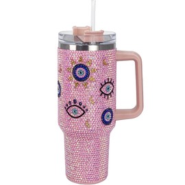 Cupcupmore 40oz Evil Eye(Pink) Bling Rhinestone Stainless Steel Sippy Tumbler Glitter Vacuum Insulated Water Bottle with Straw & Lid &Handle,Thermos for Hot & Cold Drinks,Car Cup Holder,Coffee